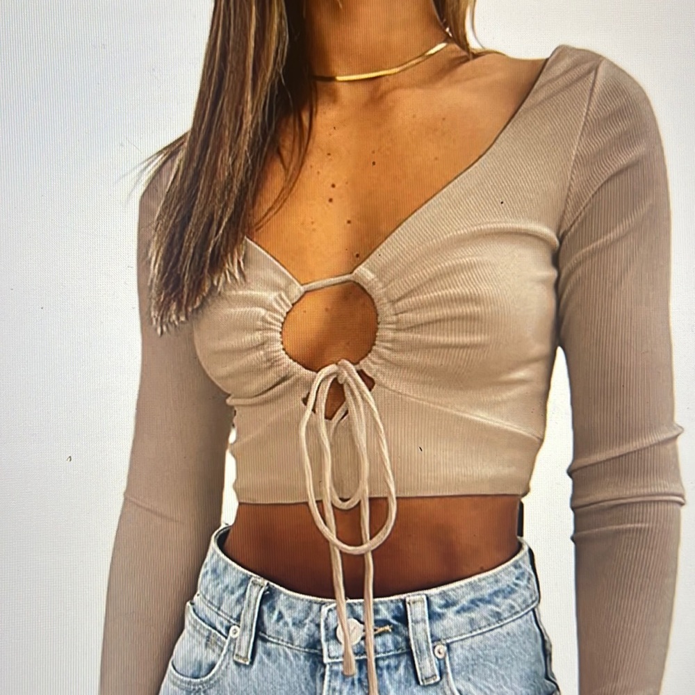 Women’s Long Sleeve Ribbed Crop Top Drawstring T-Shirt, Small, Color: Apricot
